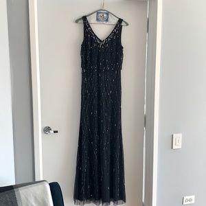 Adrianna Papell navy blue silver sequins sleeveless v-neck floor length gown